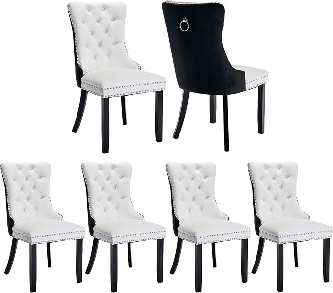 Dining Chairs Set of 6, Upholstered Dining Room Chairs with Back Ring Pull Trim and Solid Wood Legs, Modern Tufted Kitchen Chairs Perfect for Dining Room, White Pu Leather Splicing Black Velvet