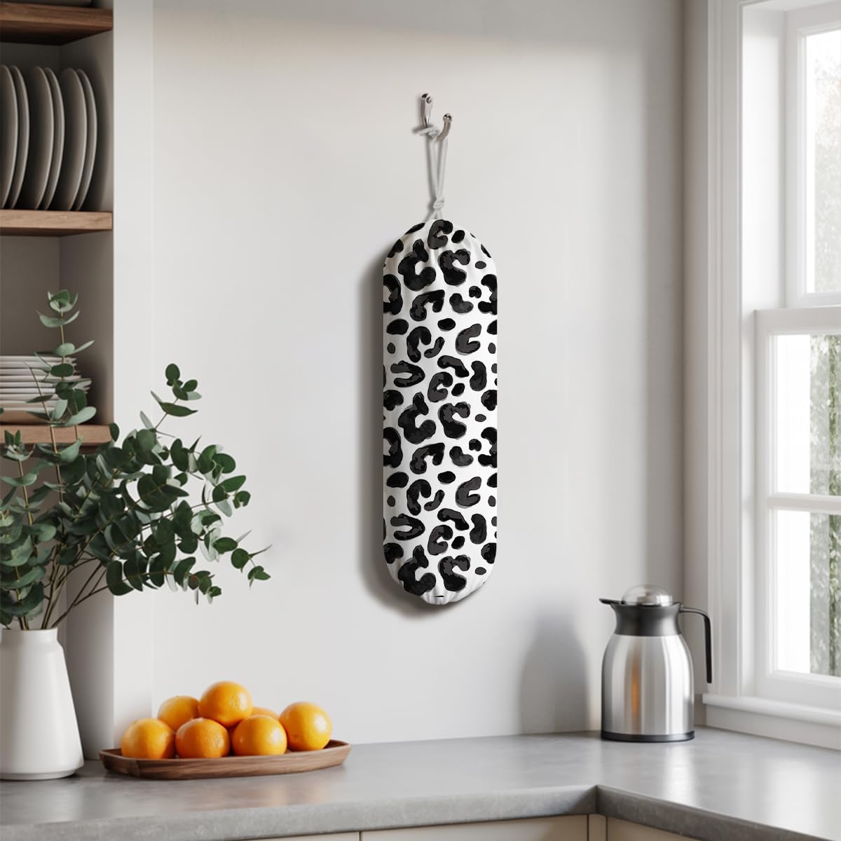 White Leopard Print Plastic Bag Holder, Wall Mount Grocery Bags Organizer, Animal Car Trash Bags, Kitchen Housewarming Gifts for Women Family Friends Grandma Mom, Kitchen Pattern Garbage Bag 60