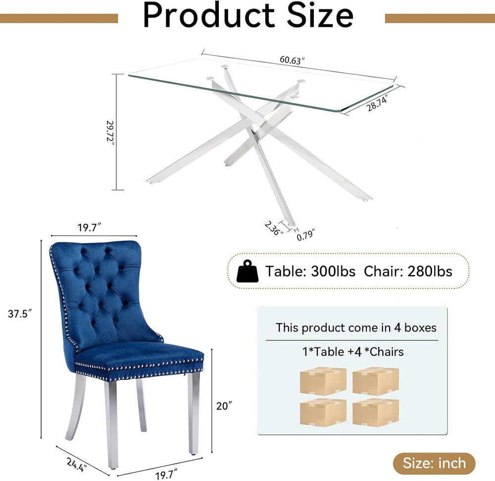 60" Glass Dining Table Set for 4, Modern Dining Room Table Set for 4, Si...