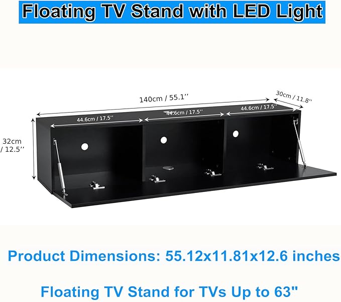 HOMMPA Floating TV Stand with LED Lights for TVs up to 65 Inch, Wall Mounted Entertainment Center with Storage, Modern High Glossy Media Console for Living Room, Bedroom, Black