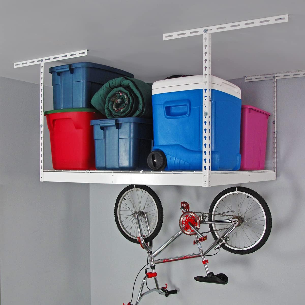 SafeRacks Overhead Garage Storage Rack - Heavy Duty Racks for Garage with 250 lb Capacity, Easy Garage Shelving, Adjustable Storage Rack, Ceiling Mount Storage Shelves 4x4 White (24"-45")