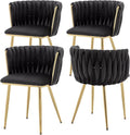 Velvet Dining Chairs Set of 4, Modern Upholstered Woven Dining Chairs with Gold Metal Legs, Modern Accent Chairs for Dining Room, Vanity, Kitchen, Living Room(Black)
