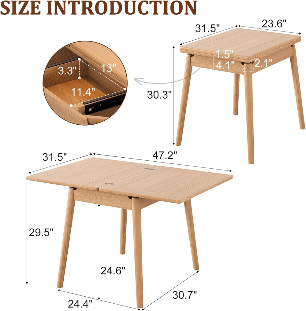 Solid Wood Small Dining Table, 23.6"L-47.2"L Expandable Kitchen Tab...