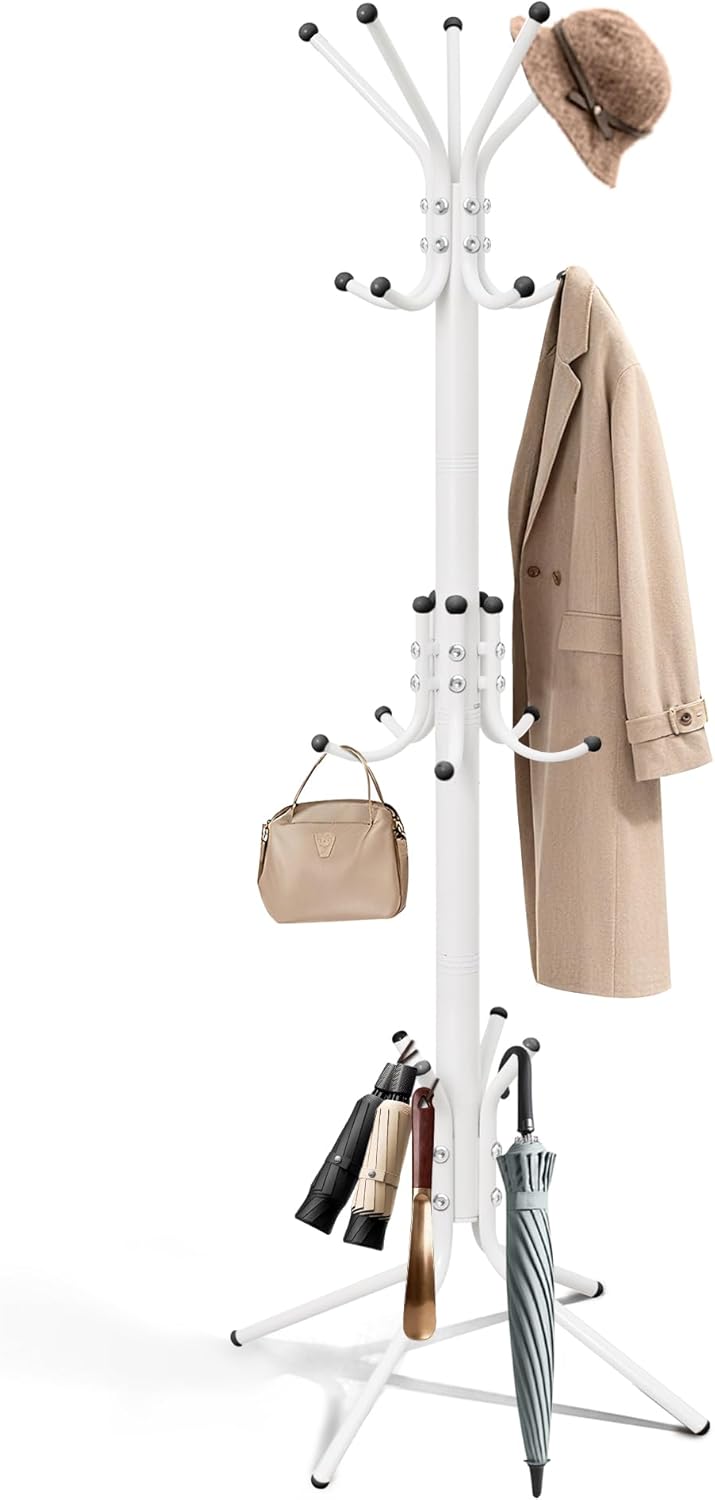Metal Coat Rack, Freestanding Coat Tree & Hall Tree with 15 Hooks, Sturdy Coat Rack Stand and Hat Rack, Coat Hanger for Entryway, Bedroom, Office for Jackets, Hats, Bags,White