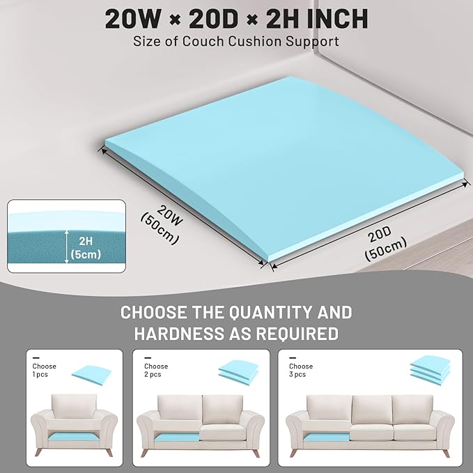 Couch Cushion Support for Sagging Seat – 3 Pack 20x20x2 Inch Sofa Cushion Board Saver & Replacement Insert for Saggy Couch or Chair, Quick No-Tool Install with 40D Memory Foam