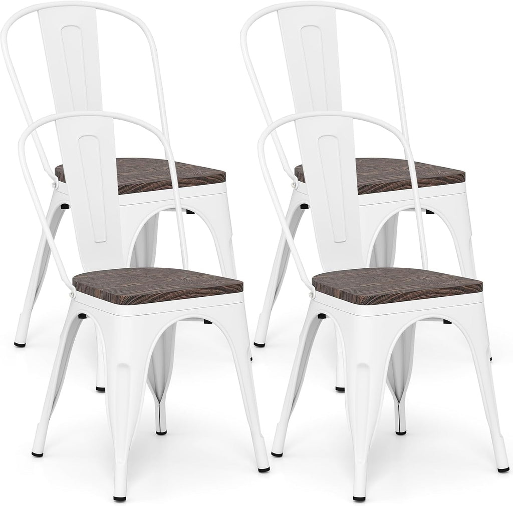 COSTWAY Stackable Metal Dining Chairs Set of 4 with Wood Seat and High Back | White, Industrial Vintage Style, Elm Wood Seat Board, 18 Inch, for Dining Room, Kitchen, Bar, Cafe, Bistro, Restaurant
