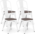 COSTWAY Stackable Metal Dining Chairs Set of 4 with Wood Seat and High Back | White, Industrial Vintage Style, Elm Wood Seat Board, 18 Inch, for Dining Room, Kitchen, Bar, Cafe, Bistro, Restaurant