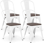 COSTWAY Stackable Metal Dining Chairs Set of 4 with Wood Seat and High Back | White, Industrial Vintage Style, Elm Wood Seat Board, 18 Inch, for Dining Room, Kitchen, Bar, Cafe, Bistro, Restaurant