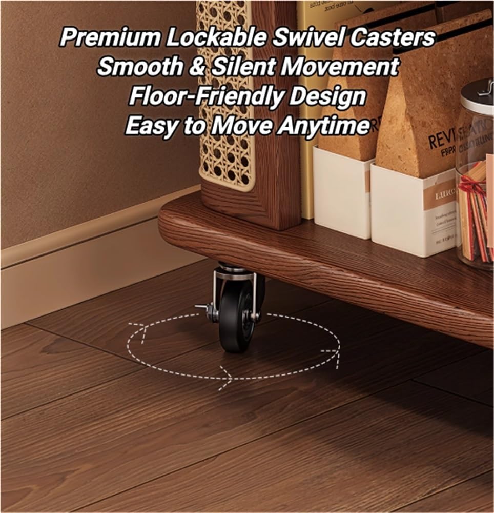 Solid Wood Mobile Side Table with Wheels, Rolling End Table with Storage Shel...