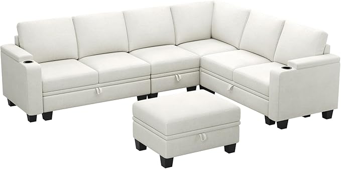 Belffin Chenille Modular Sectional Sofa Convertible L Shaped Corner Couches for Living Room with Storage Armrest with Cup Holder White Couch