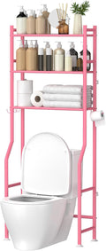 3-Tier Over The Toilet Storage, Space Saver Metal Bathroom Shelves, Freestanding Above Over Toilet Storage Shelf with 4 Hooks for Bathroom, Pink