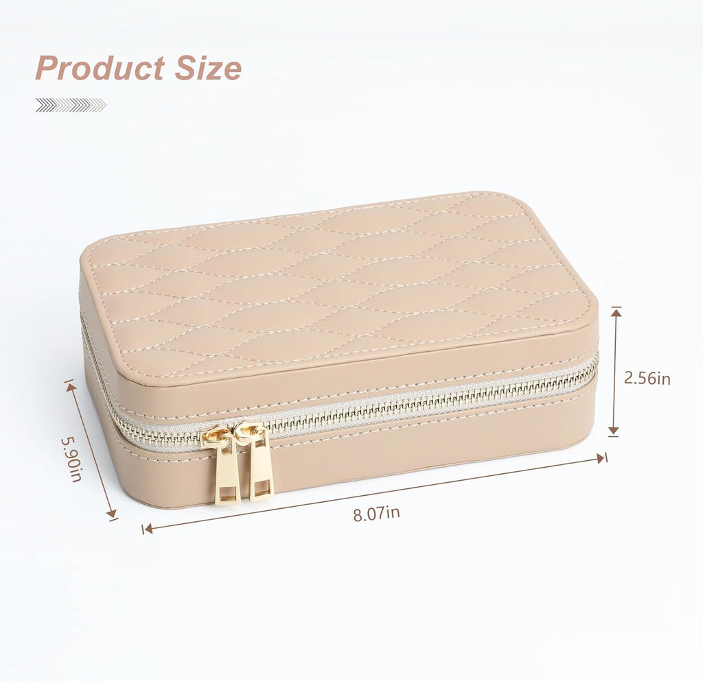 Leather Jewelry Box Women's Travel Jewelry Organizer with Zippered Design Tangle-Free Storage for Necklaces, Earrings, and Bracelets, Luxury Gift Box Apricot