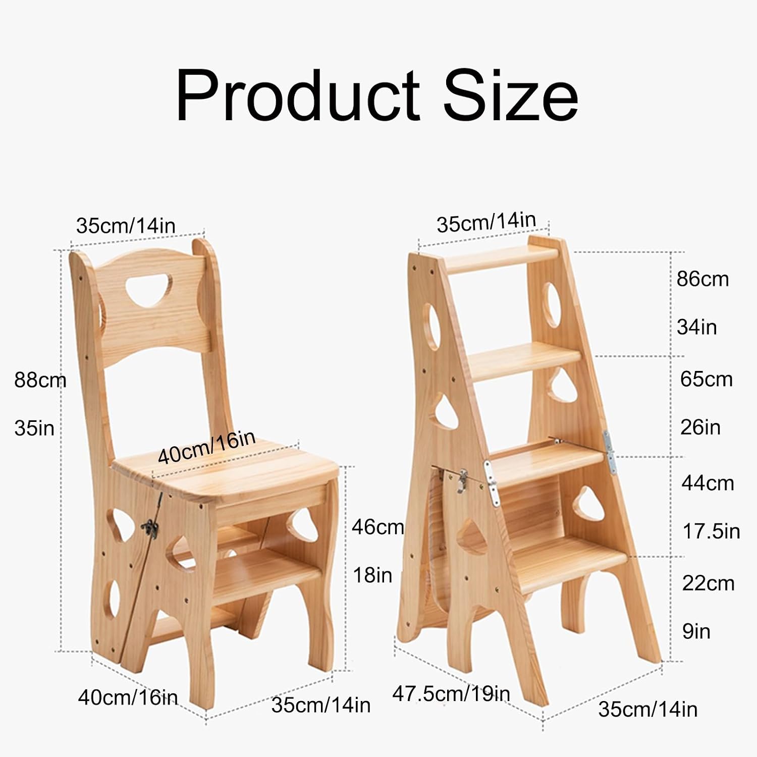 Foldable Wooden Library Ladder Chair with Storage Shelf 3 in 1 Multifunctional Display Ladder White 331lbs Capacity