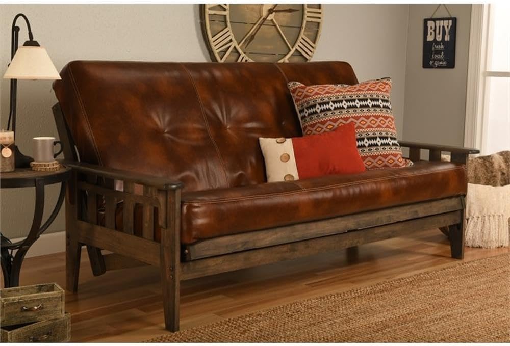 Kodiak Furniture 75" Traditional Polyester & Leather No-Flip Futon Mattress with Decorative Tuft, Coil-Hinged Innerspring, in Brown Finish, Frame Not Included
