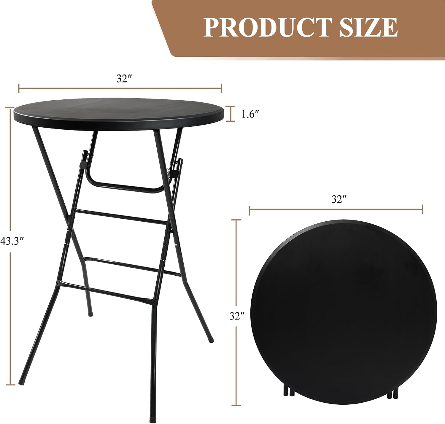 Cocktail Table, D32in x H43.3in Folding Round Cocktail Table High Top | Foldable, Removable Legs, Save Space, Easy Store, for Wedding, Party, Bar, Yard, Patio, Business Events (Black, Set of 1)