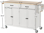 LUMISOL Rolling Kitchen Island on Locking Wheels with 2 Drawers and 4 Cabinets, Kitchen Island Cart with Adjustable Shelves, Solid Wood Tabletop, Storage Cabinet with Spice & Towel Rack, White