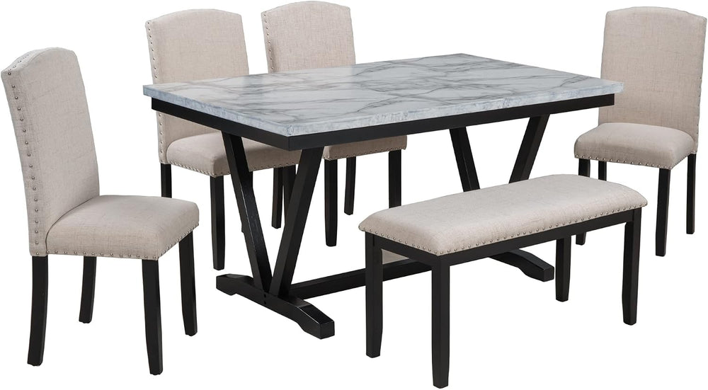 LUMISOL 6 Piece Dinette Set Large Dining Table Set with Bench Include Faux Ma...