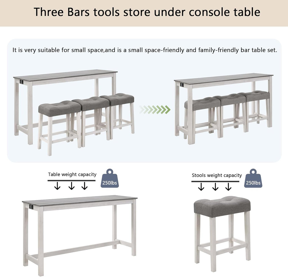 59'' Dining Bar Table and Chairs Set with Power Outlet, 4-Piece Indus...