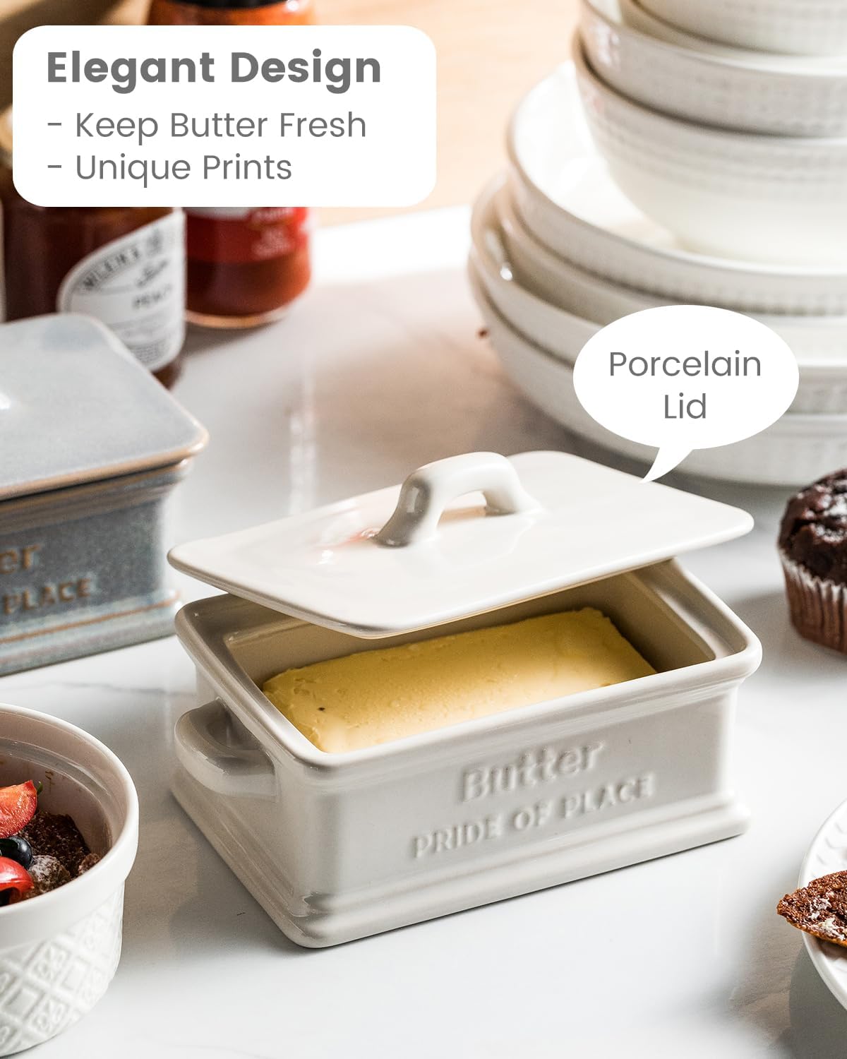 Butter Dish with Lid, Ceramic Butter Dish for Countertop Butter Holder Container Large Butter Keeper for East West Coast Butter, Thanksgiving, Christmas, White