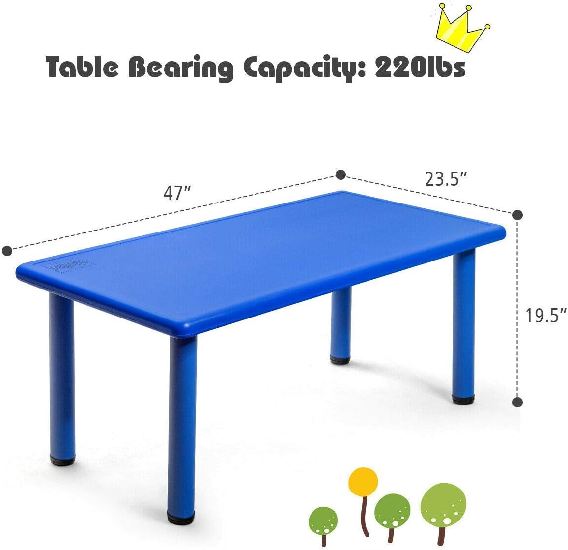 Costzon 47 x 23.5 Inch Rectangular Kids Table, Children School Activity Table for Reading Drawing Dining Playing, Multifunctional Plastic Table w/Steel Pipe, Toddler Furniture for Boys & Girls (Blue)