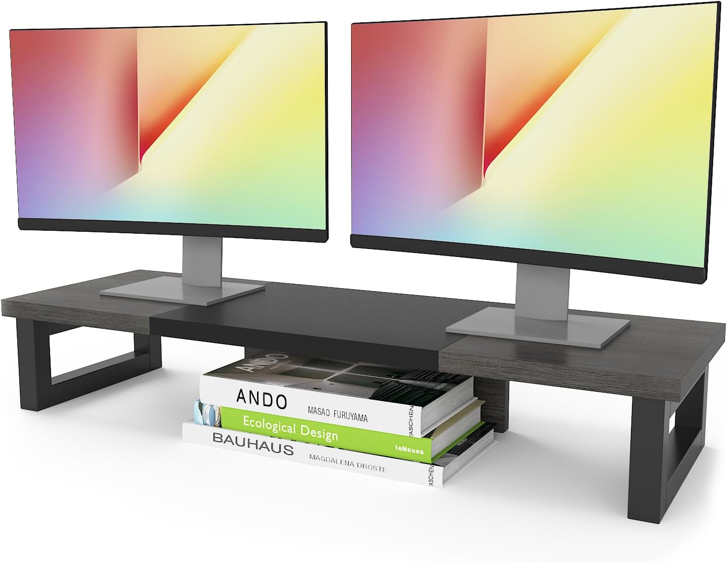 WESTREE Dual Monitor Stand Riser, Wood and Steel Monitor Stand Riser, Computer Monitor Stand for 2 Monitors, Multi-Purpose Desktop Storage Stand for Computer,Laptop,Printer,TV