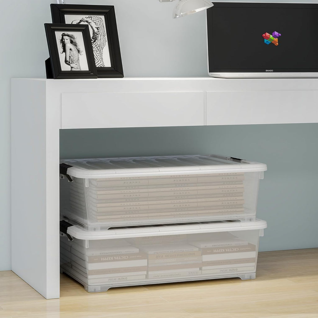 26 Quart Clear Underbed Storage Bin, Plastic Underbed Storage Box, Wheeled Underbed Storage Container with Lid, 4 Packs