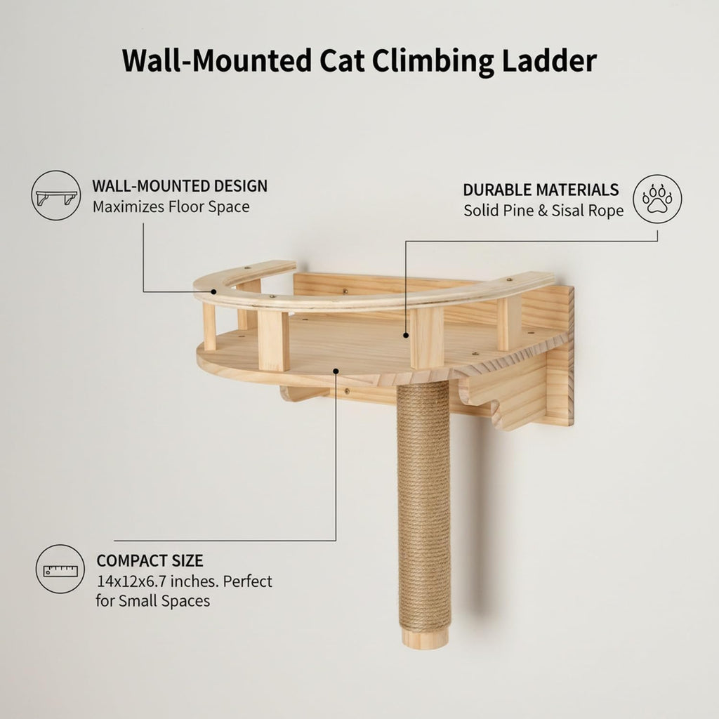 Space-Saving Wall Ladder: Solid Pine & Textured Rope Post for Apartments, 14 x 12 x 6.7 Inches