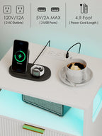 Nightstand with Charging Station and LED Lights, Modern Bedside Table with 2 Storage Drawer and Open Wood Shelf for Bedroom and Small Spaces, Night Stand with Solid Wood Legs