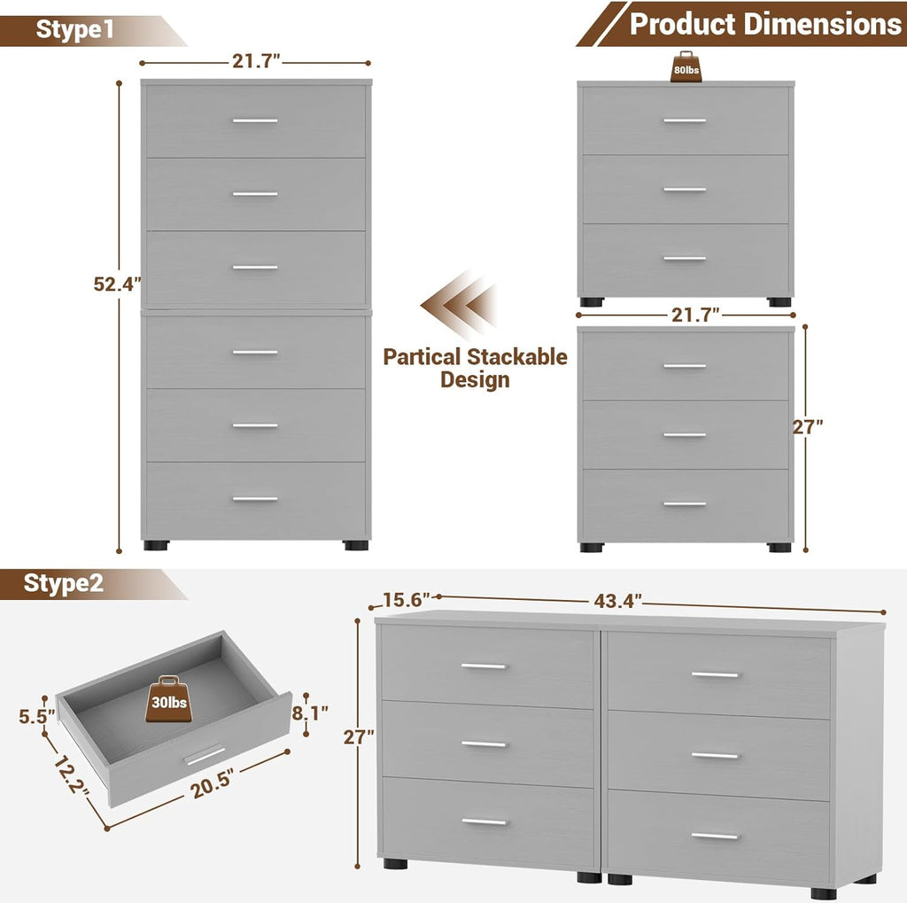Aheaplus Closet Drawers Set of 2, Wood Closet Organizers and Storage with 3 Drawers, Closet Drawers Organizer System, Nightstands Bedside End Table with 3 Drawers Storage for Bedroom, Grey