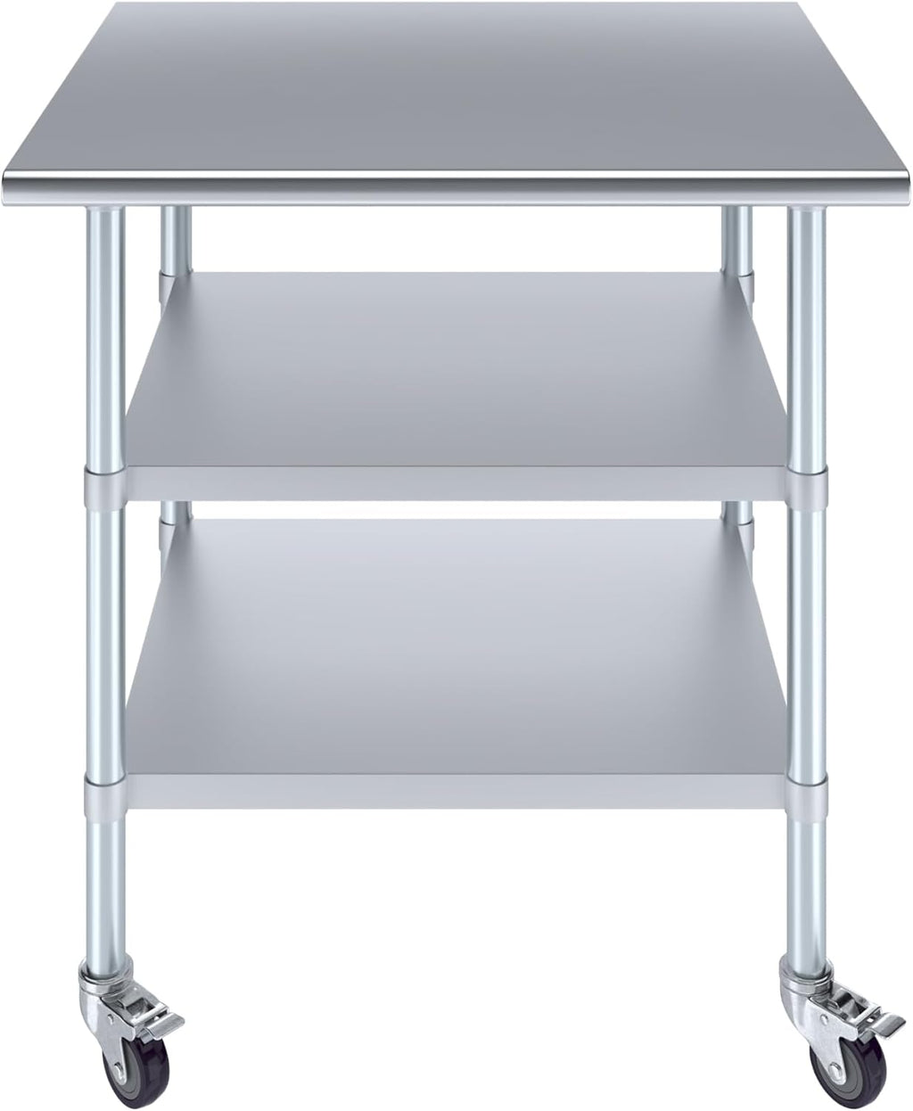AmGood Stainless Steel Work Table with 2 Shelves and Casters | Metal Utility Table On Wheels (Stainless Steel Work Table with 2 Shelves + Casters, 36" Long x 30" Deep)