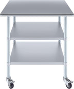 AmGood Stainless Steel Work Table with 2 Shelves and Casters | Metal Utility Table On Wheels (Stainless Steel Work Table with 2 Shelves + Casters, 36" Long x 30" Deep)