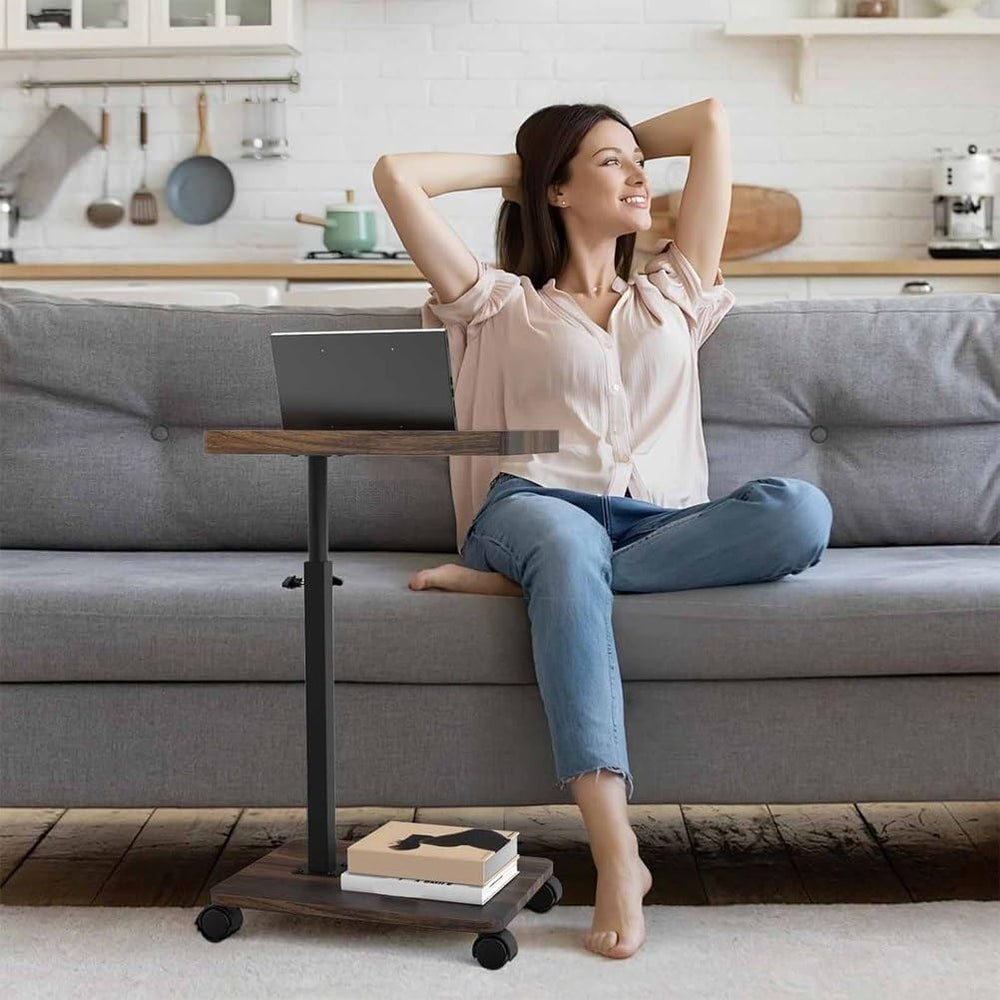 C Shaped End Table Adjustable Height with Wheels, Couch Tables That Slide Und...