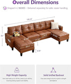 TYBOATLE 116’’ W Brown Faux Leather Sectional Couch w/USB and Cup Holders for Living Room, Comfy Tufted U Shaped Sofa w/Chaise Lounge, Office Leather Sofa for Bedroom
