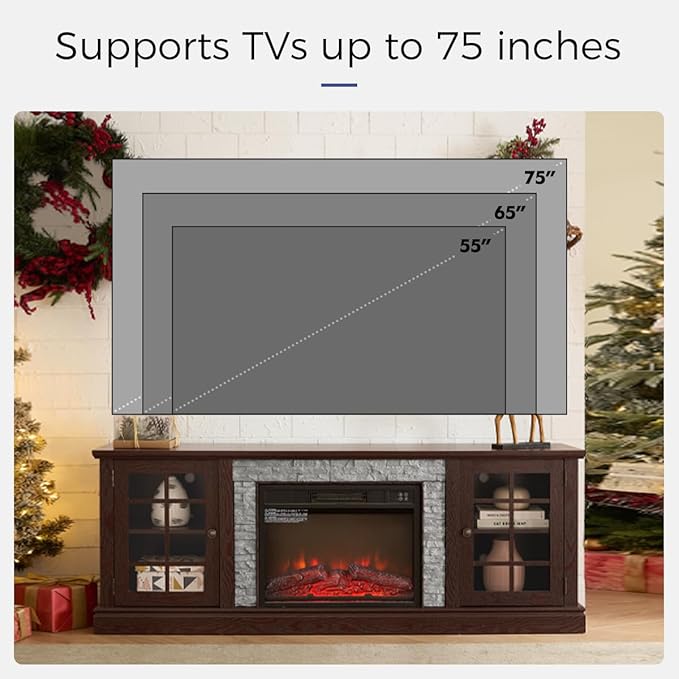 TV Stand with Electric Fireplace & Storage Cabinet, Entertainment Center with 2 Glass Door, Faux Stone Media Console Table for Living Room (Cherry,70" with Fireplace)