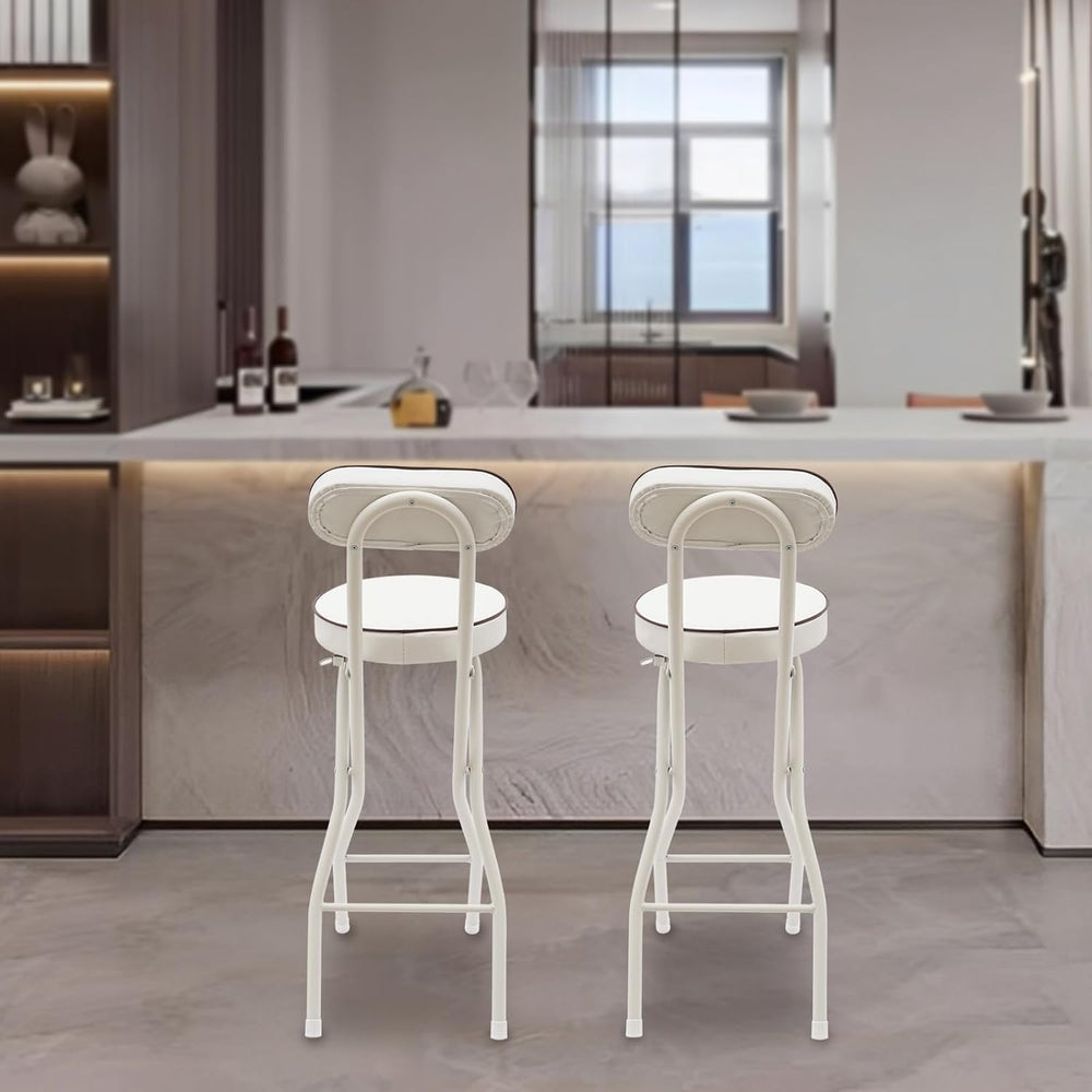 Set of 2-Folding Bar Stool Chair with Back, White Tall Foldable Chair Leather...