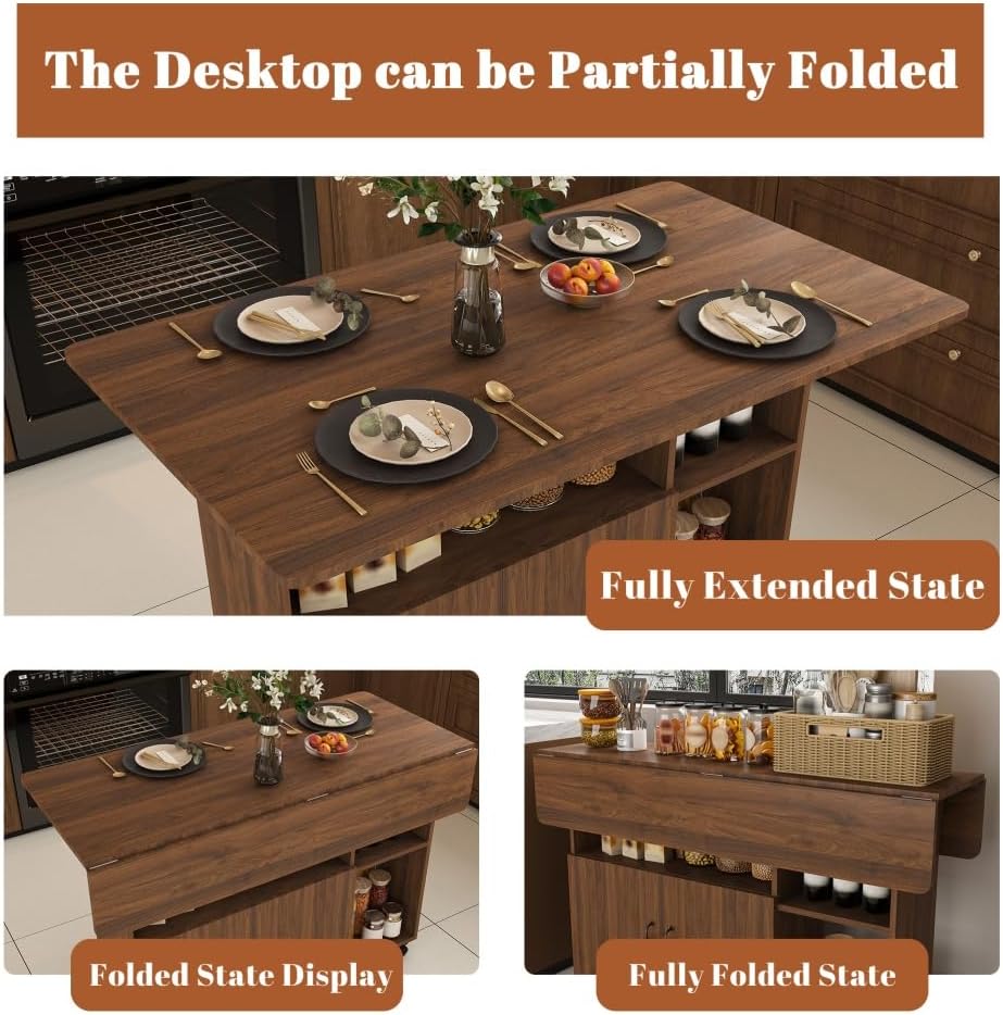 Folding Dining Table with Wheels, Drop Leaf Dinner Table with 2-Layer Storage...