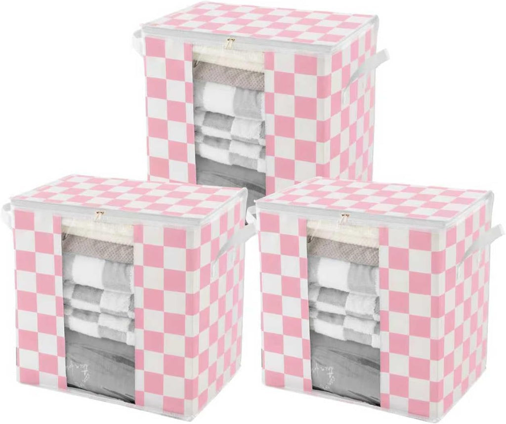 Pink Checkered Clothes Storage Bins, 100L Large Blanket Storage Bags 3 Pack, Closet Organizers and Storage Containers for Comforters, Bedding, Foldable Organizer with Handle