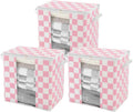 Pink Checkered Clothes Storage Bins, 100L Large Blanket Storage Bags 3 Pack, Closet Organizers and Storage Containers for Comforters, Bedding, Foldable Organizer with Handle