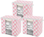 Pink Checkered Clothes Storage Bins, 100L Large Blanket Storage Bags 3 Pack, Closet Organizers and Storage Containers for Comforters, Bedding, Foldable Organizer with Handle