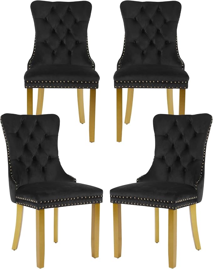 Velvet Dining Chairs Set of 4, Upholstered Dining Room Chairs with Lion Head Pulls Ring and Golden Solid Wood Legs, Modern Button Tufted Kitchen Chairs for Dining Room, Kitchen(Black)