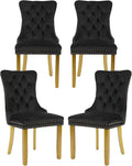 Velvet Dining Chairs Set of 4, Upholstered Dining Room Chairs with Lion Head Pulls Ring and Golden Solid Wood Legs, Modern Button Tufted Kitchen Chairs for Dining Room, Kitchen(Black)