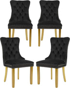 Velvet Dining Chairs Set of 4, Upholstered Dining Room Chairs with Lion Head Pulls Ring and Golden Solid Wood Legs, Modern Button Tufted Kitchen Chairs for Dining Room, Kitchen(Black)