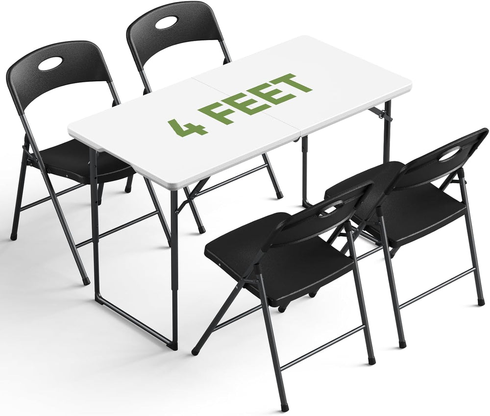 Folding Table and Chairs Set for 4, 4FT Adjustable Height Plastic Folding Tab...