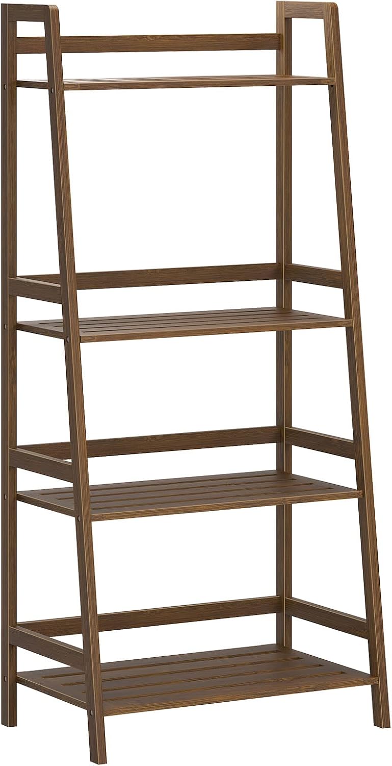 sogesfurniture, 4-Tier Bamboo Ladder Shelf, Rustic Style, Bookshelf Storage Rack, 18.9x11.8x46.5 inches, Brown