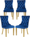 Velvet Dining Chairs Set of 4, Upholstered Dining Room Chairs with Lion Head Pulls Ring and Golden Solid Wood Legs, Modern Button Tufted Kitchen Chairs for Dining Room, Kitchen(Blue)
