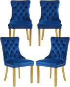 Velvet Dining Chairs Set of 4, Upholstered Dining Room Chairs with Lion Head Pulls Ring and Golden Solid Wood Legs, Modern Button Tufted Kitchen Chairs for Dining Room, Kitchen(Blue)
