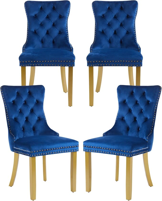 Velvet Dining Chairs Set of 4, Upholstered Dining Room Chairs with Lion Head Pulls Ring and Golden Solid Wood Legs, Modern Button Tufted Kitchen Chairs for Dining Room, Kitchen(Blue)