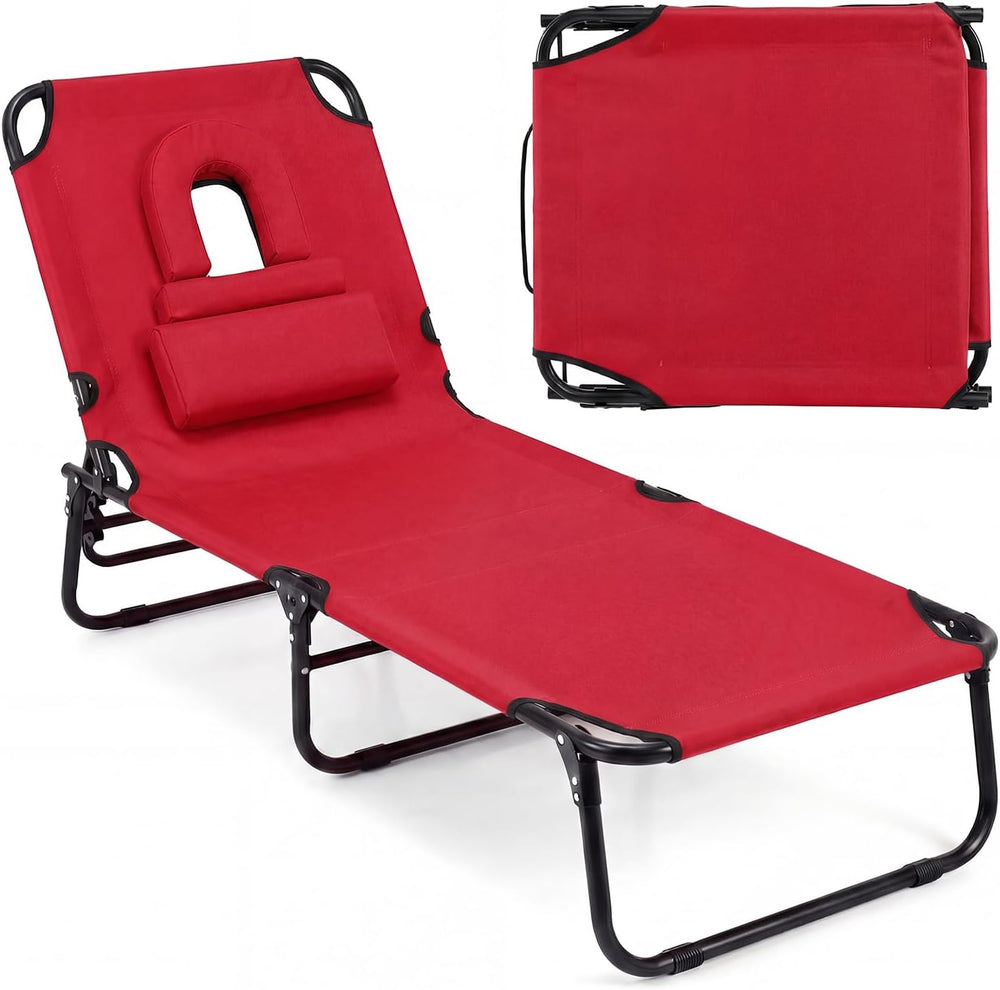 Tangkula Beach Lounge Chair, Folding Sunbathing Recliner with Face Hole, Face...