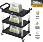 TUFFIOM 3-Tier Plastic Service Utility Cart with Wheels, Heavy Duty 390lbs Capacity, Commercial Rolling Ideal for Restaurant, Foodservice, Office, Warehouse, Black 34.8''L x 17.4''W x 38.6''H