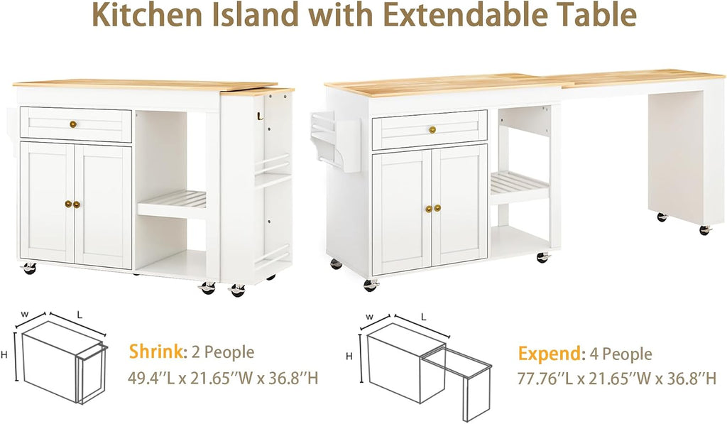 JassmiPkwy 78'' Rolling Kitchen Island with Extendable Dining Table for 4, Kitchen Islands on Wheels w/Pull Out Table, Drawer, 2-Tier Storage Shelf, Hooks, White
